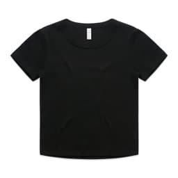 A black baby tee with a rounded neckline and short sleeves. The shirt features a logo on the back.