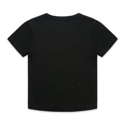 A black baby tee with a classic round neckline and short sleeves. It features a logo on the back.