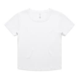 A white short-sleeved baby tee featuring a scoop neckline and a tag at the back. It has a simple design.