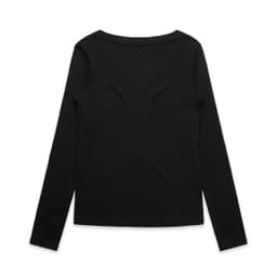 A black long-sleeve organic t-shirt featuring a simple design on the back and a logo.