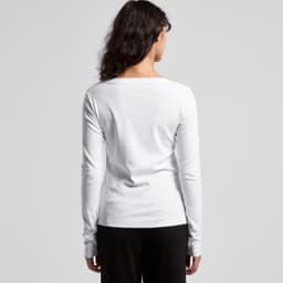 A white long-sleeve tee with a relaxed fit, featuring a simple design and a logo on the back.