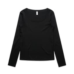 A long-sleeve, scoop neck t-shirt in black, featuring a simple design and a tag at the neck.