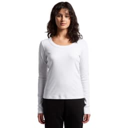 A white long sleeve tee featuring a fitted design and a round neckline, displayed on a model with wavy hair.
