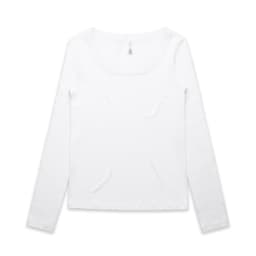A long-sleeved white t-shirt with a scoop neckline and a small logo on the label.