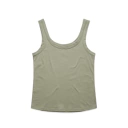 A soft, olive green singlet with a rounded neckline and thin straps. It features a logo tag.