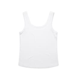 A white singlet with a scoop neckline, featuring a brand logo. The fabric appears soft and lightweight.