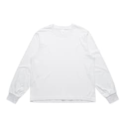 A long-sleeve white T-shirt featuring a round neckline and fitted cuffs, with a brand logo visible.