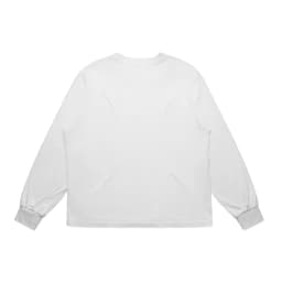 A white long-sleeve T-shirt featuring a plain back and cuffed sleeves. It has a logo on the front.