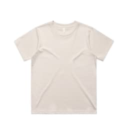 A beige short-sleeved t-shirt with a plain design and a logo. Suitable for casual wear.