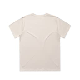 A plain beige t-shirt displayed from the back, featuring a simple design and a label on the inside.