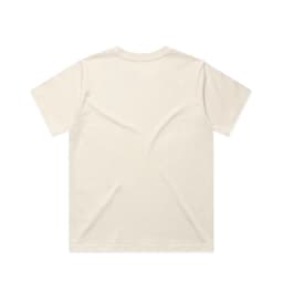 A plain cream-coloured t-shirt with short sleeves and a simple design. It features a logo on the back.