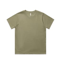 A khaki green T-shirt with a classic crew neckline. It features a label inside the neckline and has no visible graphics.