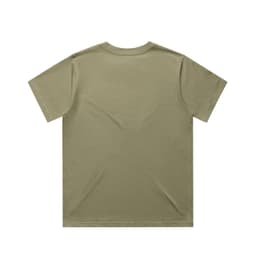 A plain olive green t-shirt with a round neck and short sleeves, featuring a brand logo.