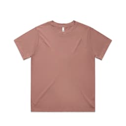 A short-sleeved, dusty rose T-shirt with a plain design and a logo on the label.