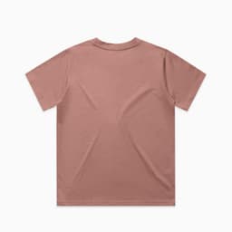 A back view of a pink t-shirt featuring a simple design. The shirt has a logo on the label area.