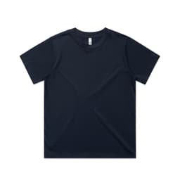 A navy blue t-shirt with a classic cut and short sleeves, featuring a logo on the label.