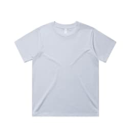 A light grey t-shirt with a round neck and short sleeves, featuring a logo on the label.