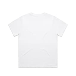 A plain white t-shirt with short sleeves, featuring a smooth, unembellished back. It has a small branding logo.