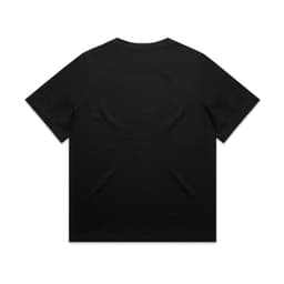 A black t-shirt with short sleeves, featuring a plain back and minimal design. It has a brand logo.