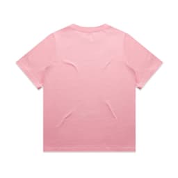 A plain pink T-shirt with a round neck and short sleeves. It features a logo on the back.