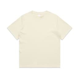 A plain cream-coloured T-shirt with short sleeves and a crew neck. It features a logo on the inside label.