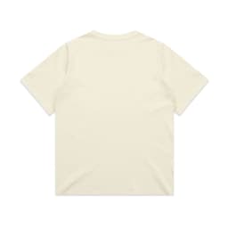 A cream-coloured T-shirt featuring a smooth back surface and a simple design, with a logo present.