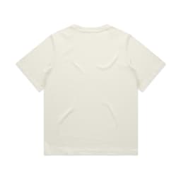 A cream-coloured t-shirt featuring short sleeves and a plain back design. It has a branding logo.