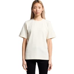 A cream-coloured T-shirt with short sleeves, featuring a simple design and a logo on the front.