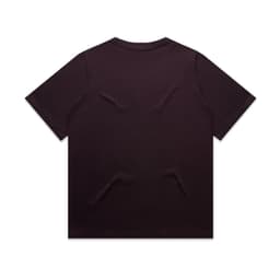 A dark purple t-shirt with a relaxed fit and short sleeves, featuring a branding logo.