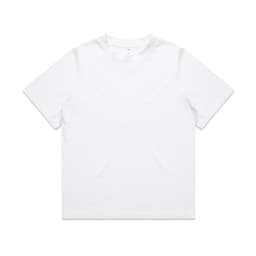 A white heavy t-shirt featuring a simple design and a logo on the side.