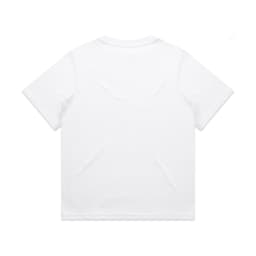 A plain white t-shirt with short sleeves, featuring a logo on the back.