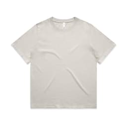 A beige heavy faded t-shirt with a classic crew neckline and short sleeves, featuring a branded label inside.