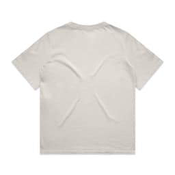 A beige t-shirt with a relaxed fit and a subtle textured appearance on the back. It has a logo.