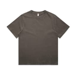 A heavy faded T-shirt in a muted brown colour, featuring short sleeves and a crew neckline. It has a logo tag.