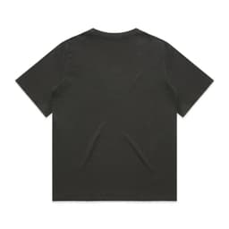 A faded black t-shirt with short sleeves and a casual fit, featuring a logo on the back.