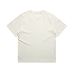 A light cream, heavy faded T-shirt with short sleeves and a plain back design. It features a logo.