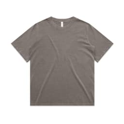 A grey faded T-shirt with a relaxed fit and short sleeves. It features a simple design and has a logo.