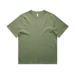 A faded green T-shirt with a classic crew neck and short sleeves, featuring a logo on the label.