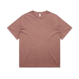 A heavy faded tee in a muted terracotta colour, featuring a simple design and a branding logo.