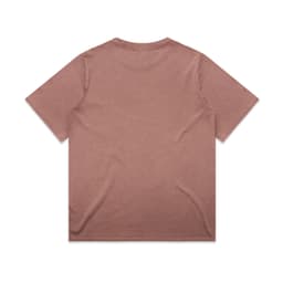 A faded pink t-shirt featuring a loose fit and short sleeves, with a logo on the back.