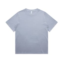 A light blue, heavy faded T-shirt featuring a classic crew neck design and a branding label.
