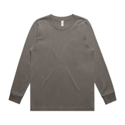 A long-sleeve T-shirt in a faded olive green hue, featuring a simple design and a logo.