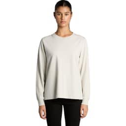 A light grey long-sleeve t-shirt with a relaxed fit and a logo visible on the garment.