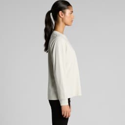 A long-sleeved tee in faded white, featuring a relaxed fit and a side view of a model wearing it.