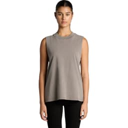 A sleeveless grey tank top featuring a relaxed fit and a logo on the front.