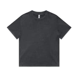 A grey stone wash heavy T-shirt with a classic crew neck and short sleeves, featuring a logo.
