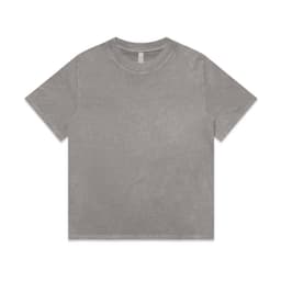 A grey stone wash heavy t-shirt featuring a casual design and a logo.