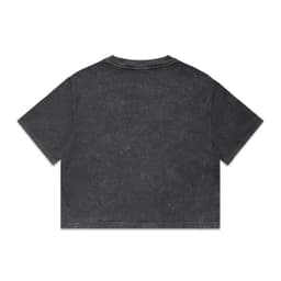 A dark stone wash heavy crop tee with short sleeves and a casual fit, featuring a branding logo.