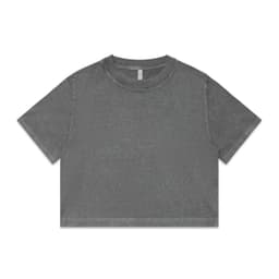 A grey stone wash heavy crop tee with a round neckline and short sleeves, featuring a logo.