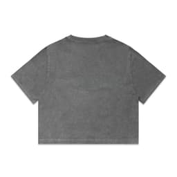 A grey cropped tee featuring a relaxed fit and a logo on the back.